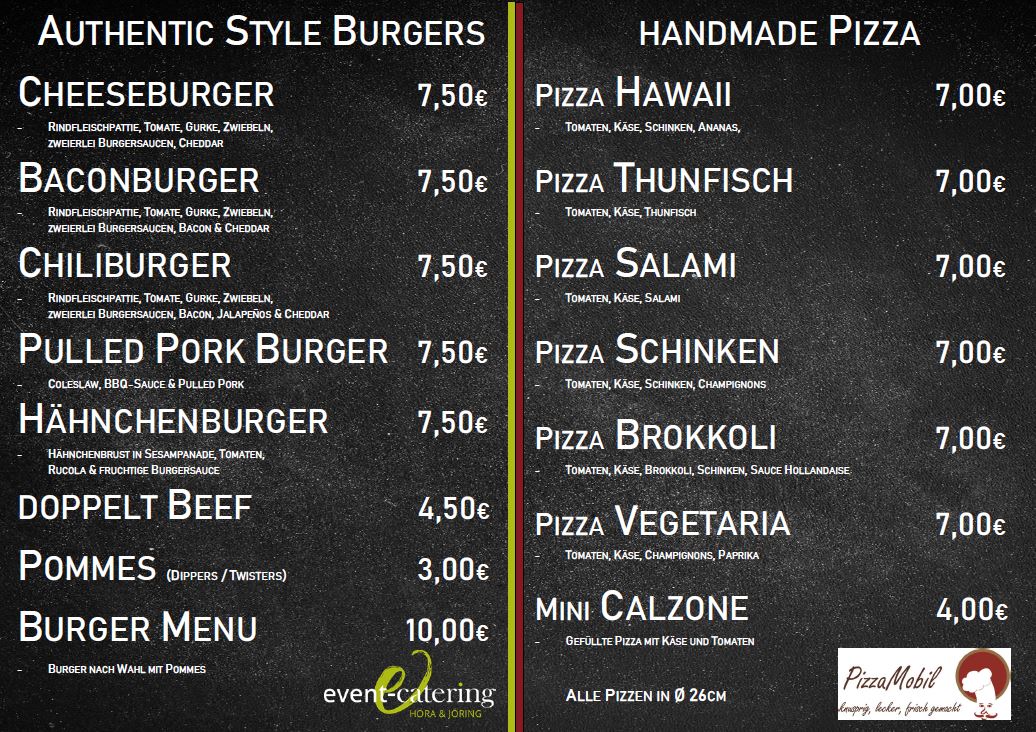Aushang Pfingstsonntag - Burger und Pizza (Preisliste)